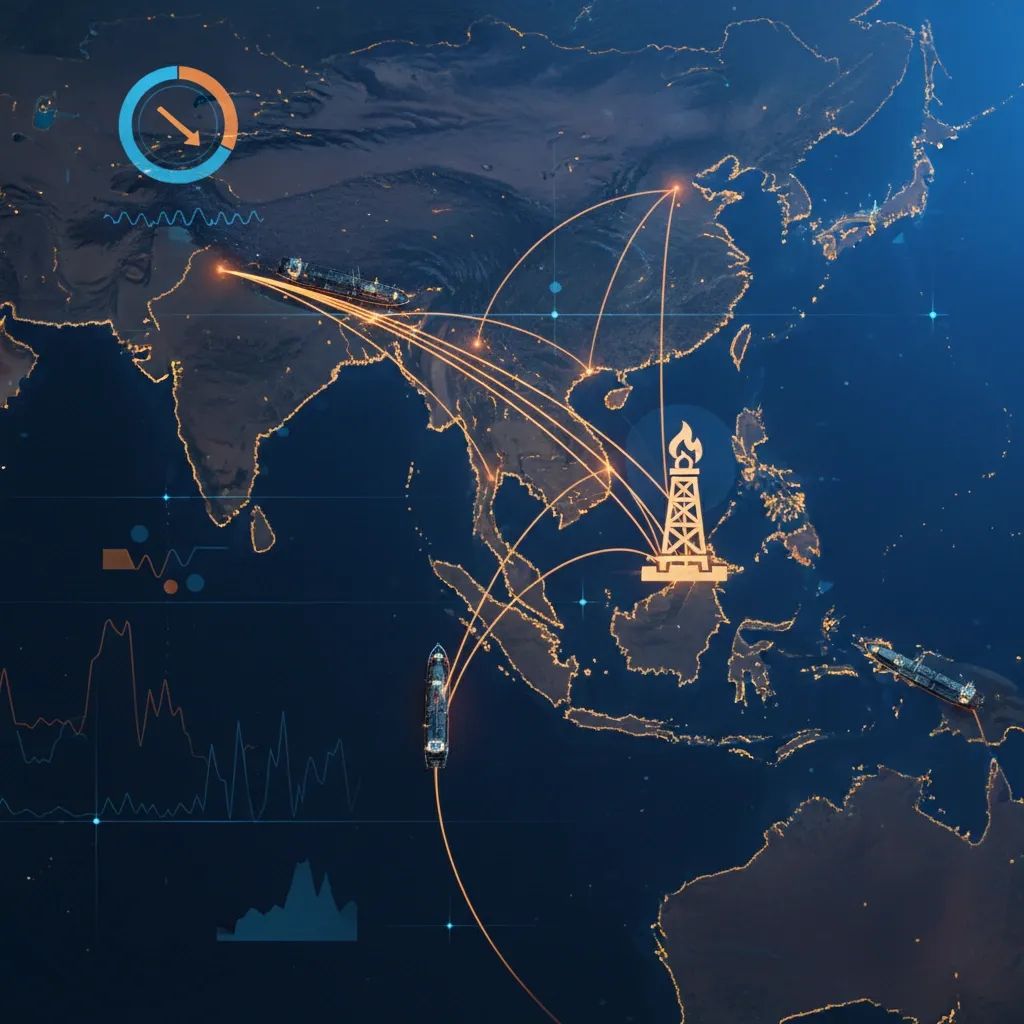 Map visualization showing Indian Ocean shipping routes and Thailand's energy dependency amid Middle East conflict