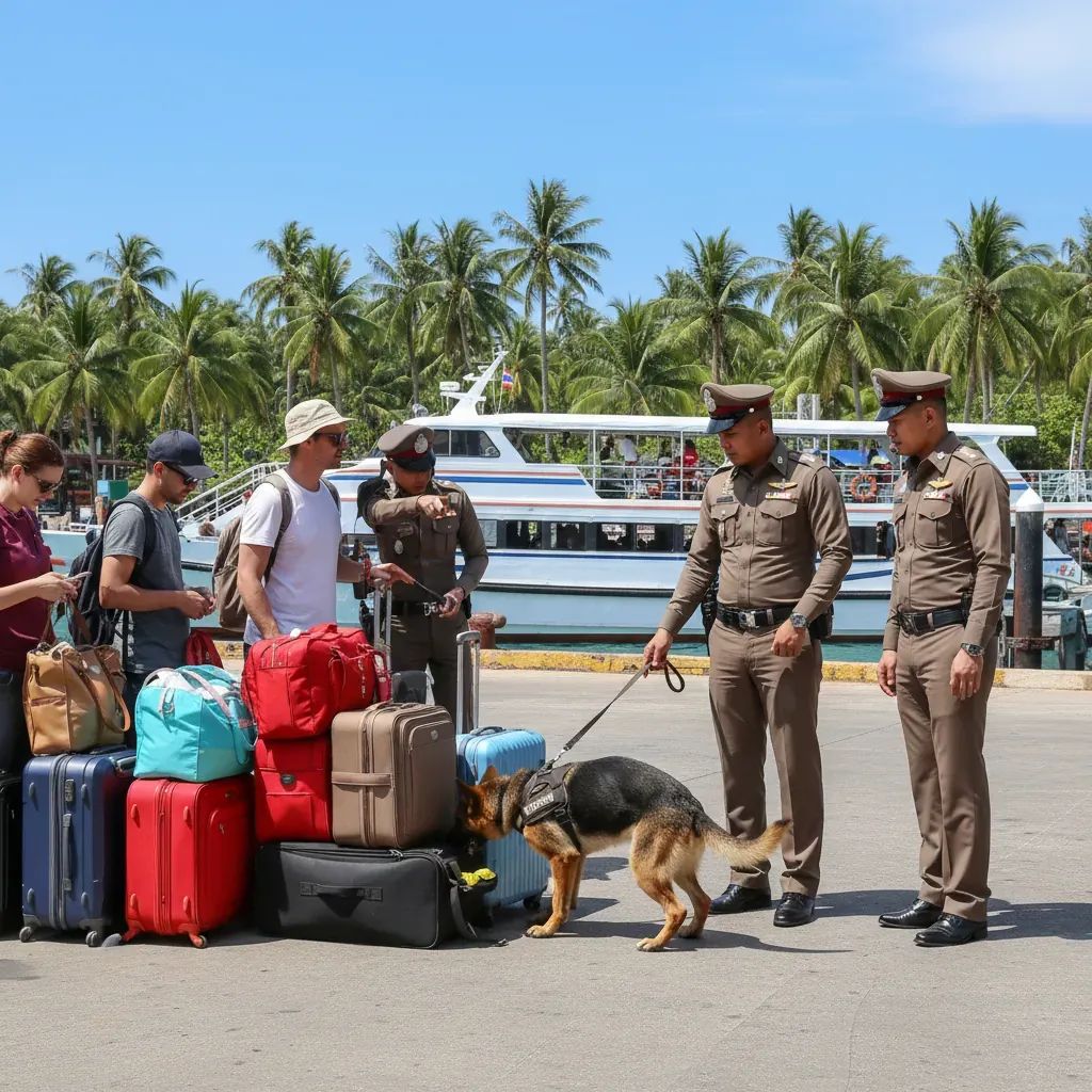 Thai police and sniffer dog inspect tourist luggage at Koh Pha-ngan pier amid tighter post-drug-bust security checks