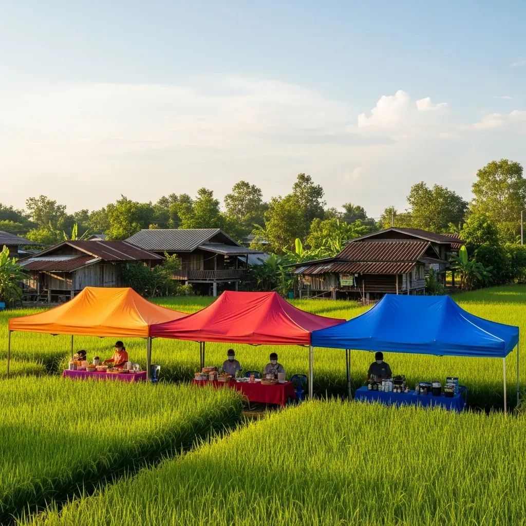 Colorful orange, red, and blue political campaign tents in rural Isan rice fields representing three major parties