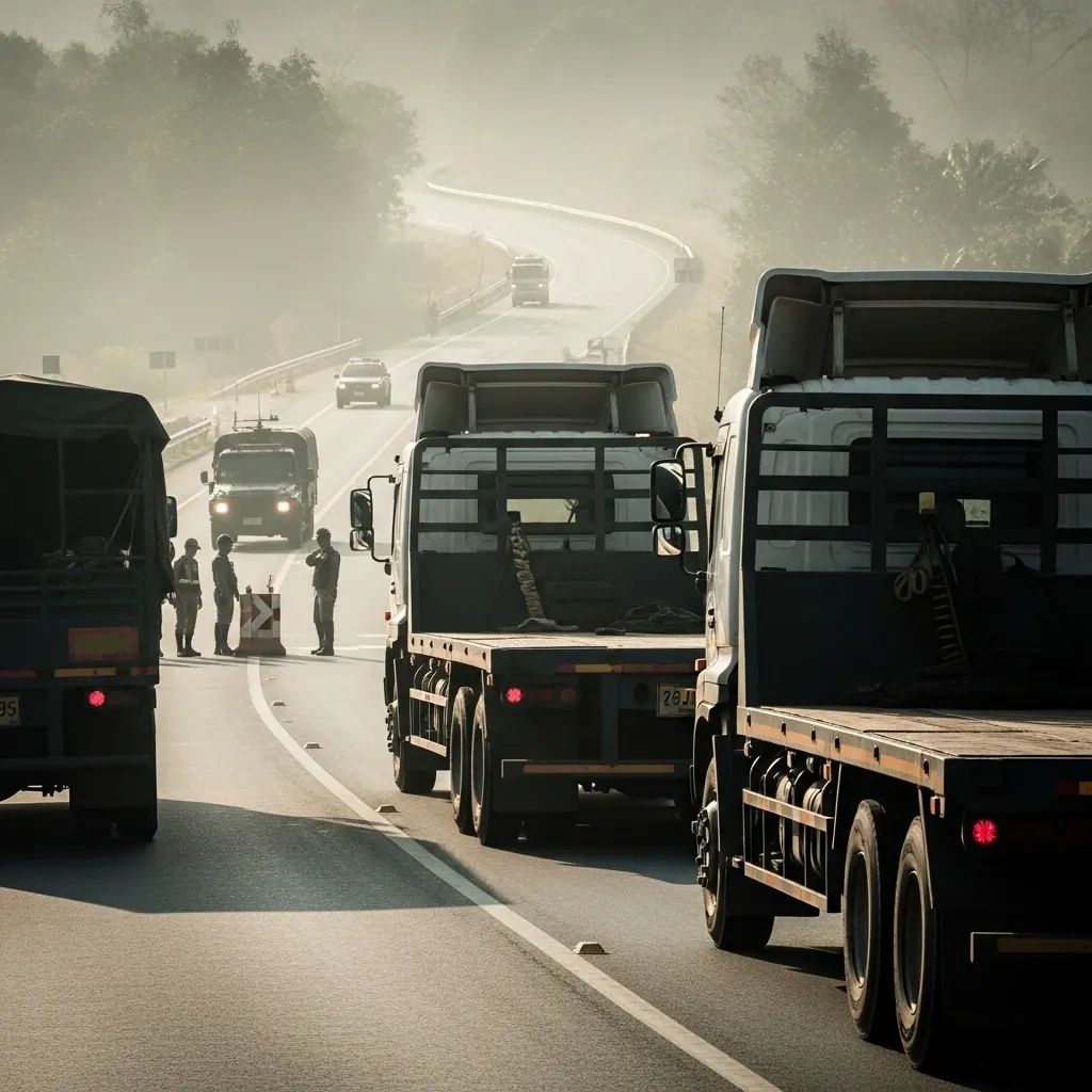 Heavy trucks on a winding rural highway in northeastern Thailand with a distant checkpoint