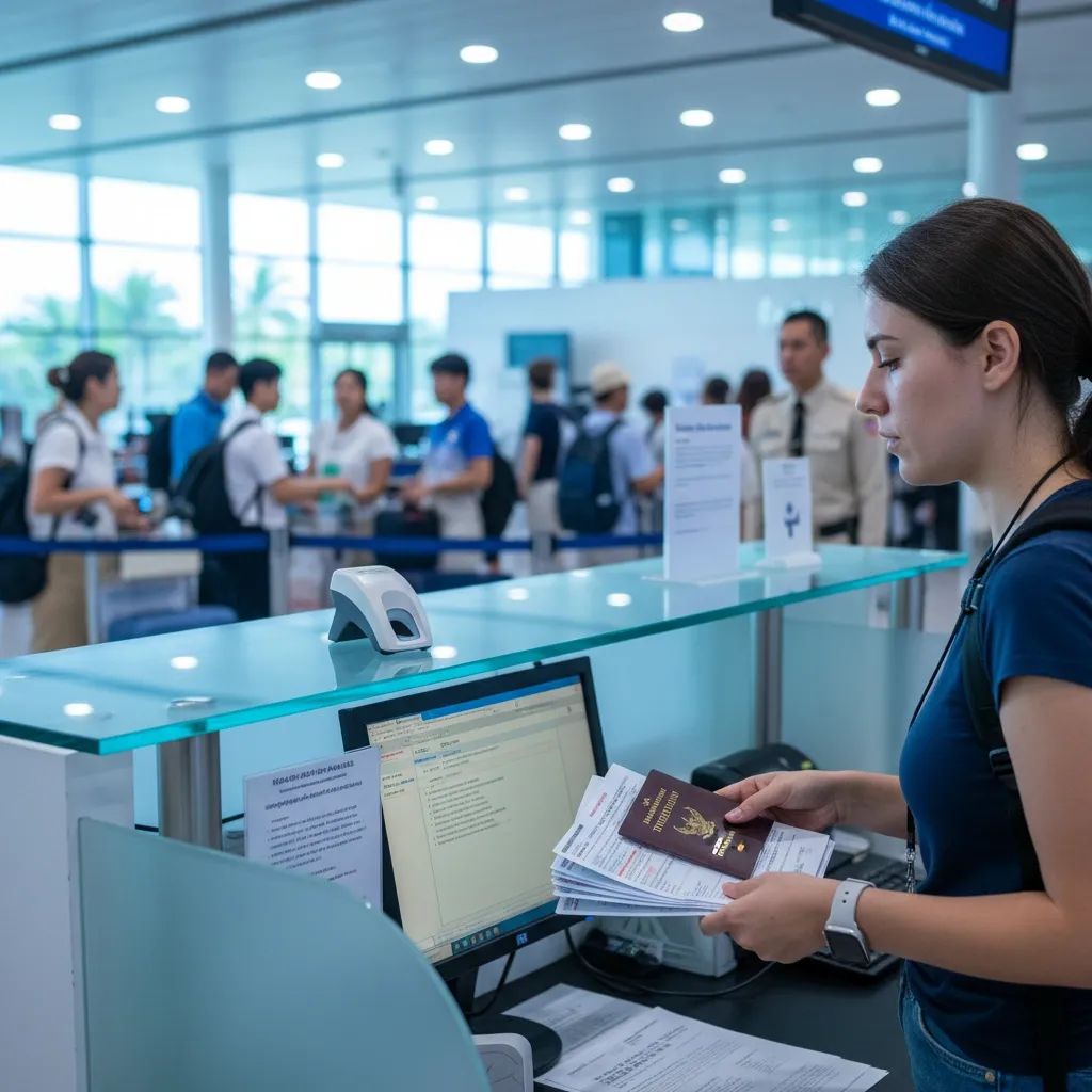 Foreign tourist presenting travel insurance documents at Thailand immigration checkpoint