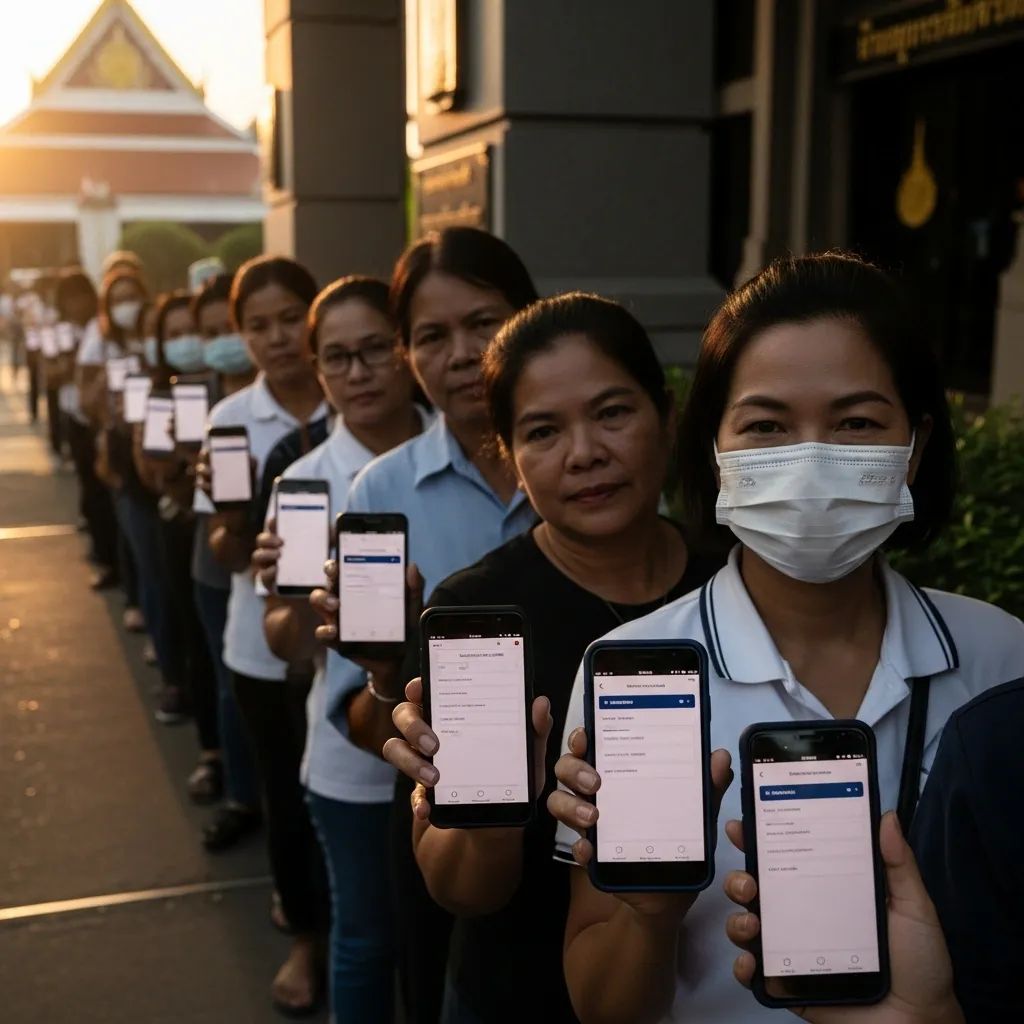 Thai voters queuing outside a district office with smartphones for advance vote registration