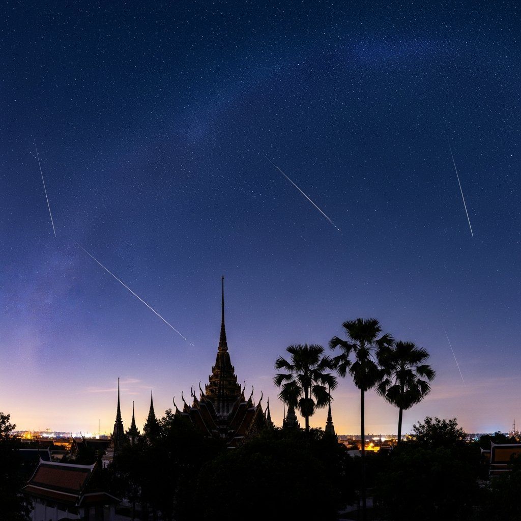 Silhouette of Thai temple spire and palm trees under a starry sky with meteor trails