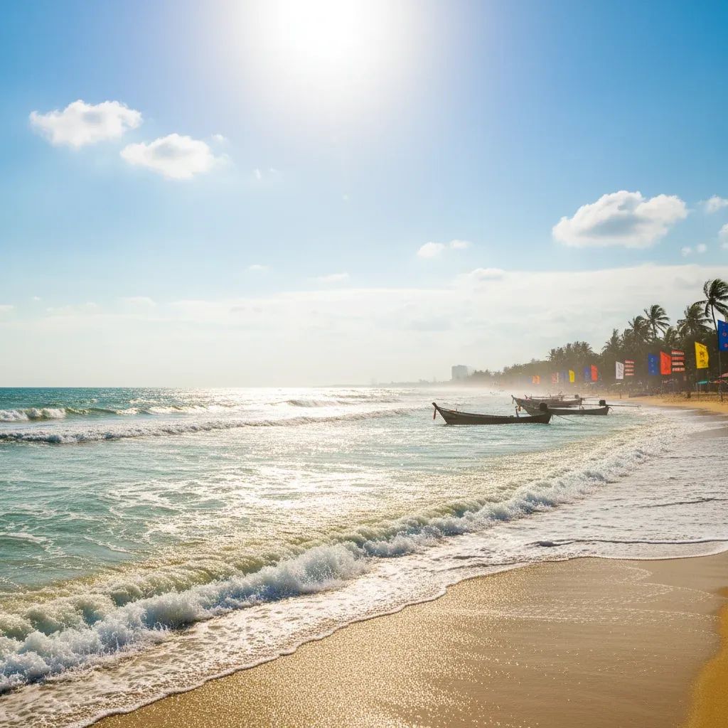 Choppy waves and light haze over Pattaya beach with flags and distant boats under bright sun
