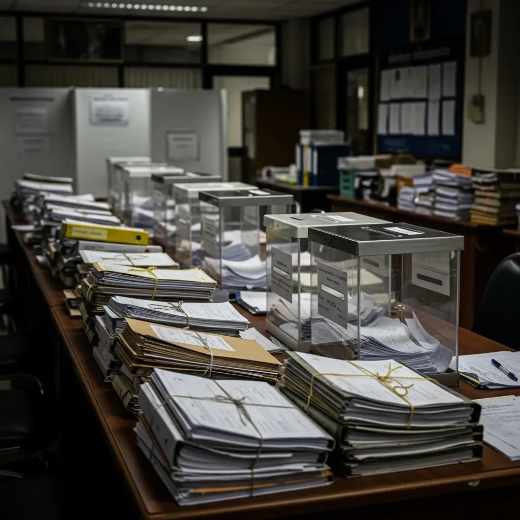 Ballot boxes and candidate files stacked on a table in a Thai election office