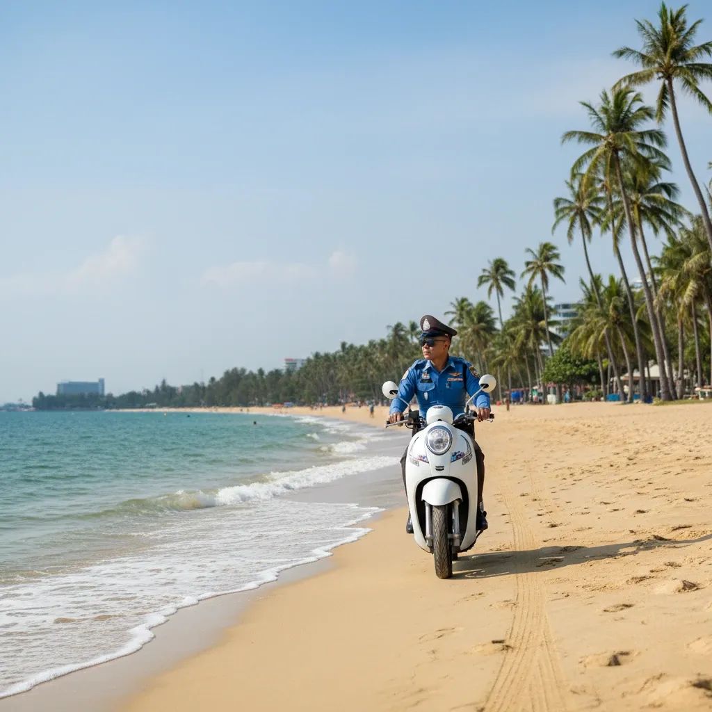 Uniformed police officer on scooter patrolling a Pattaya beach shoreline