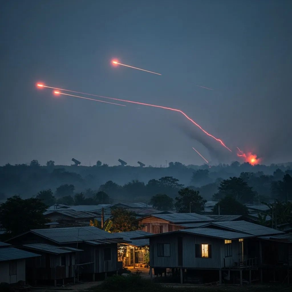 Thai border village at night with artillery fire streaks visible in the sky