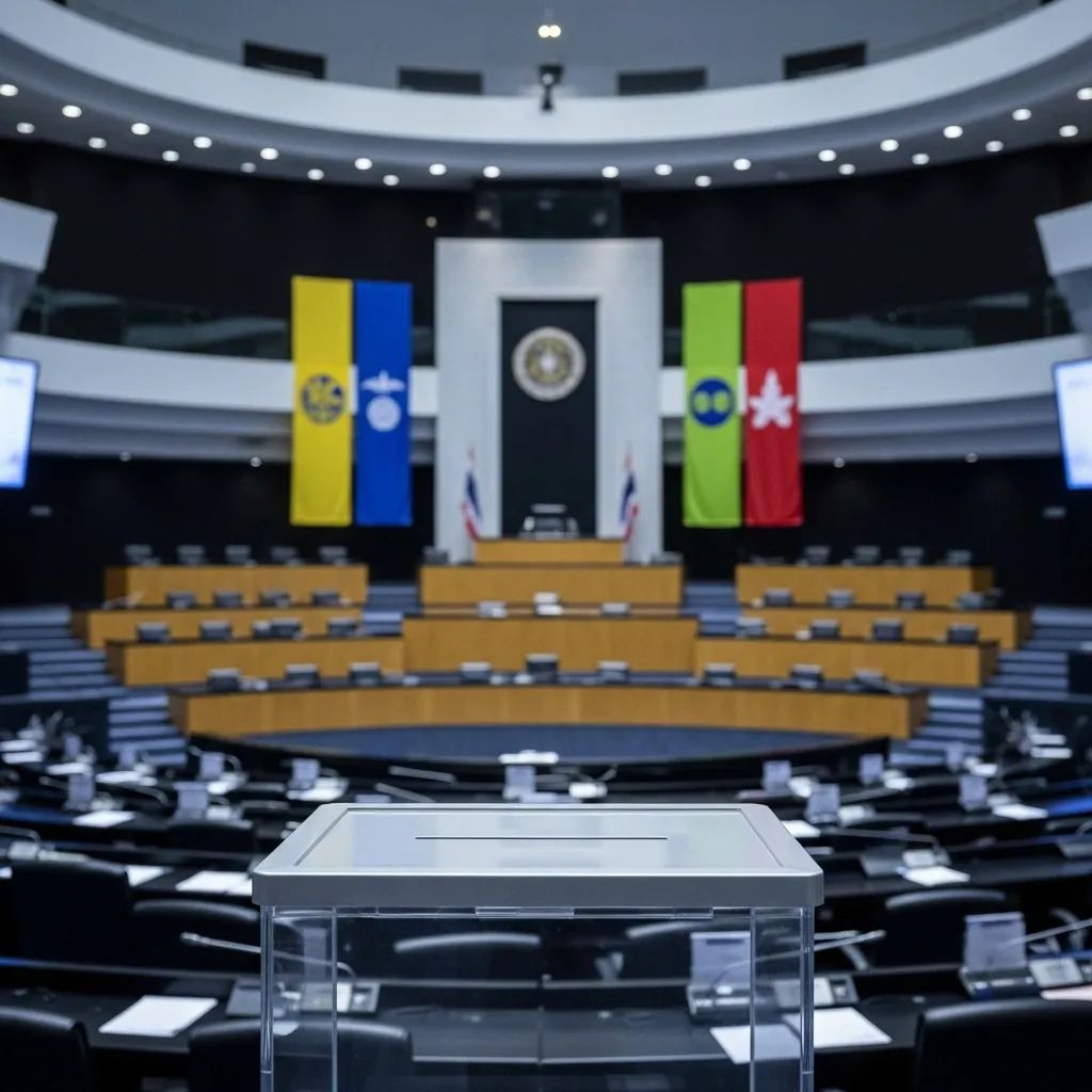 Thai parliament chamber with ballot box and blurred party banners in background