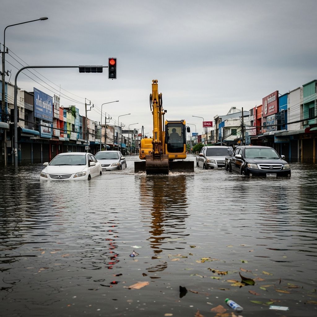 Excavator pushing stranded cars through floodwaters on a Hat Yai city street