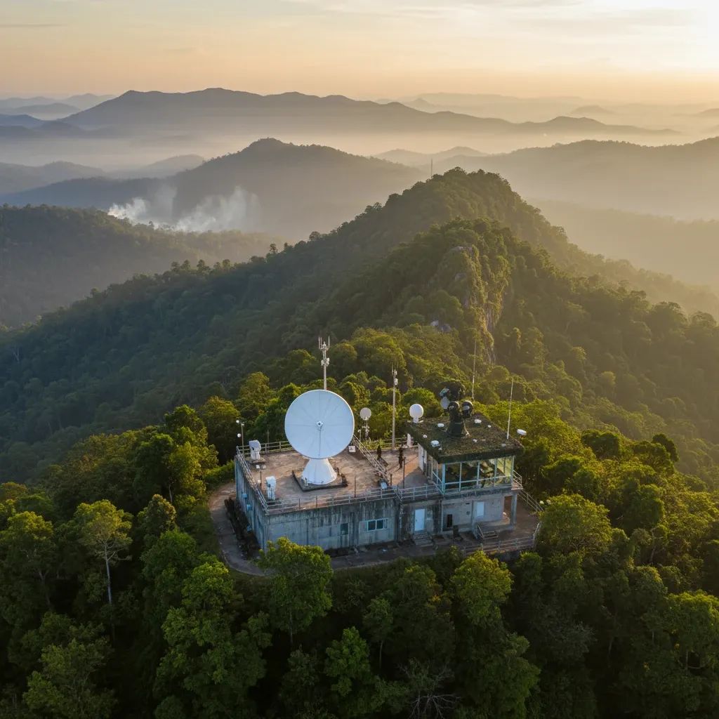 Thailand border surveillance monitoring station overlooking hazy landscape near Cambodia frontier
