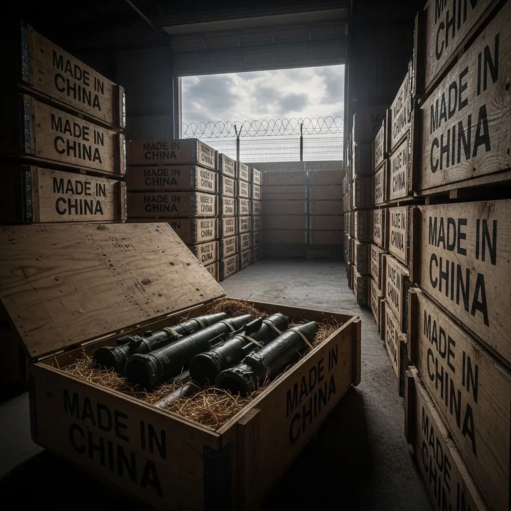 Wooden crates of Chinese-made rockets and launchers in a warehouse near the Thailand–Cambodia border fence