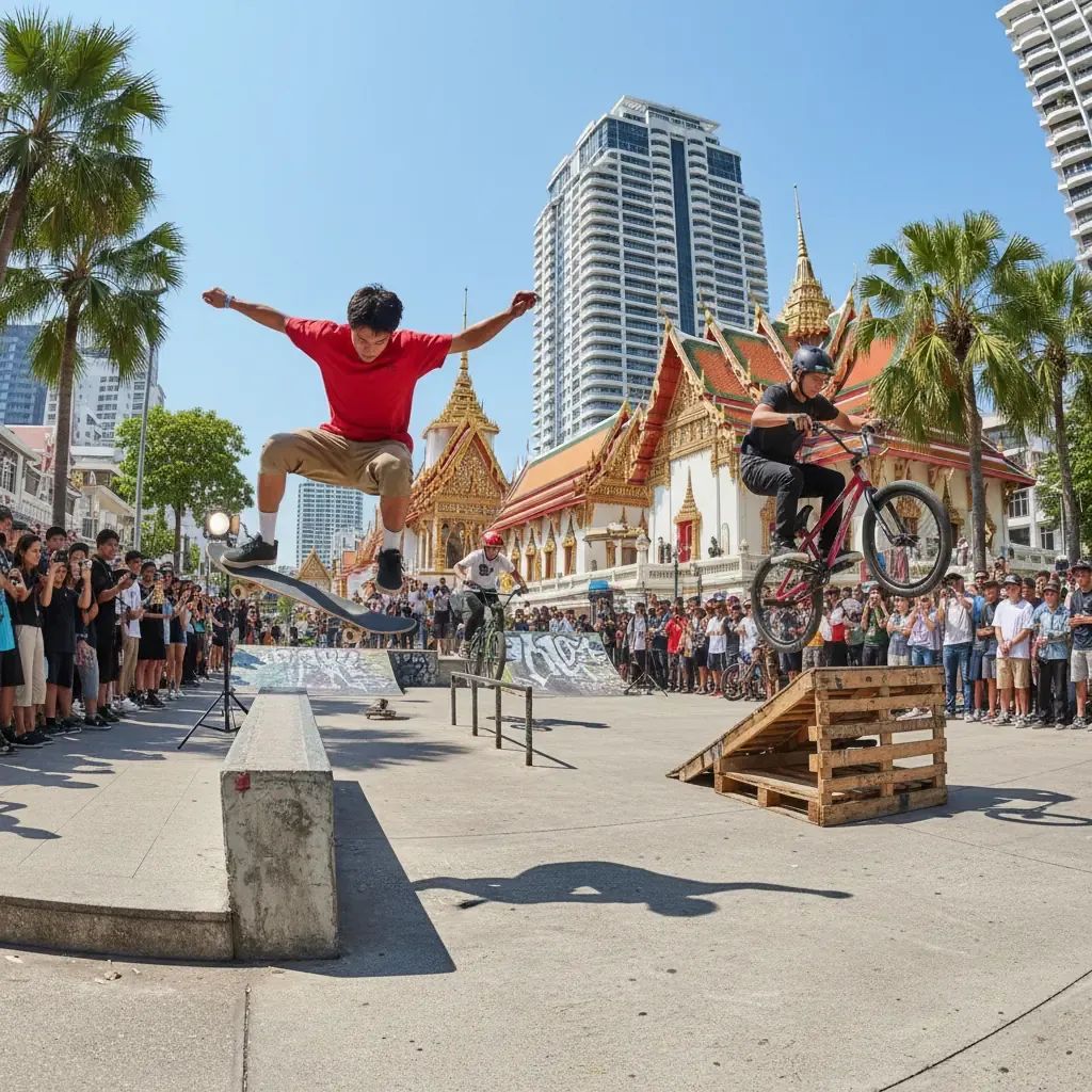 Athletes competing in skateboard and BMX events during Thailand Extreme Sports championship in Pattaya