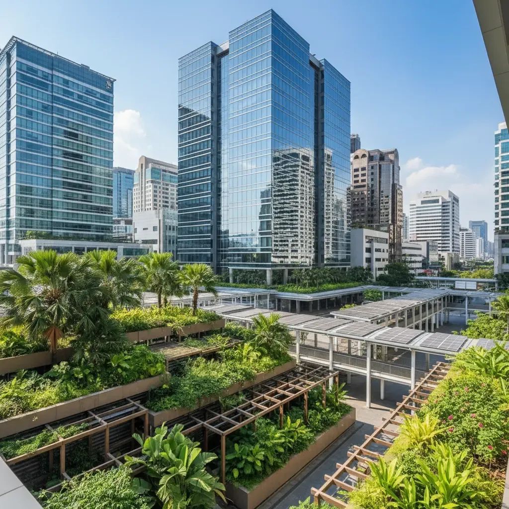 Modern Thai bank building with sustainable architecture representing green finance initiatives