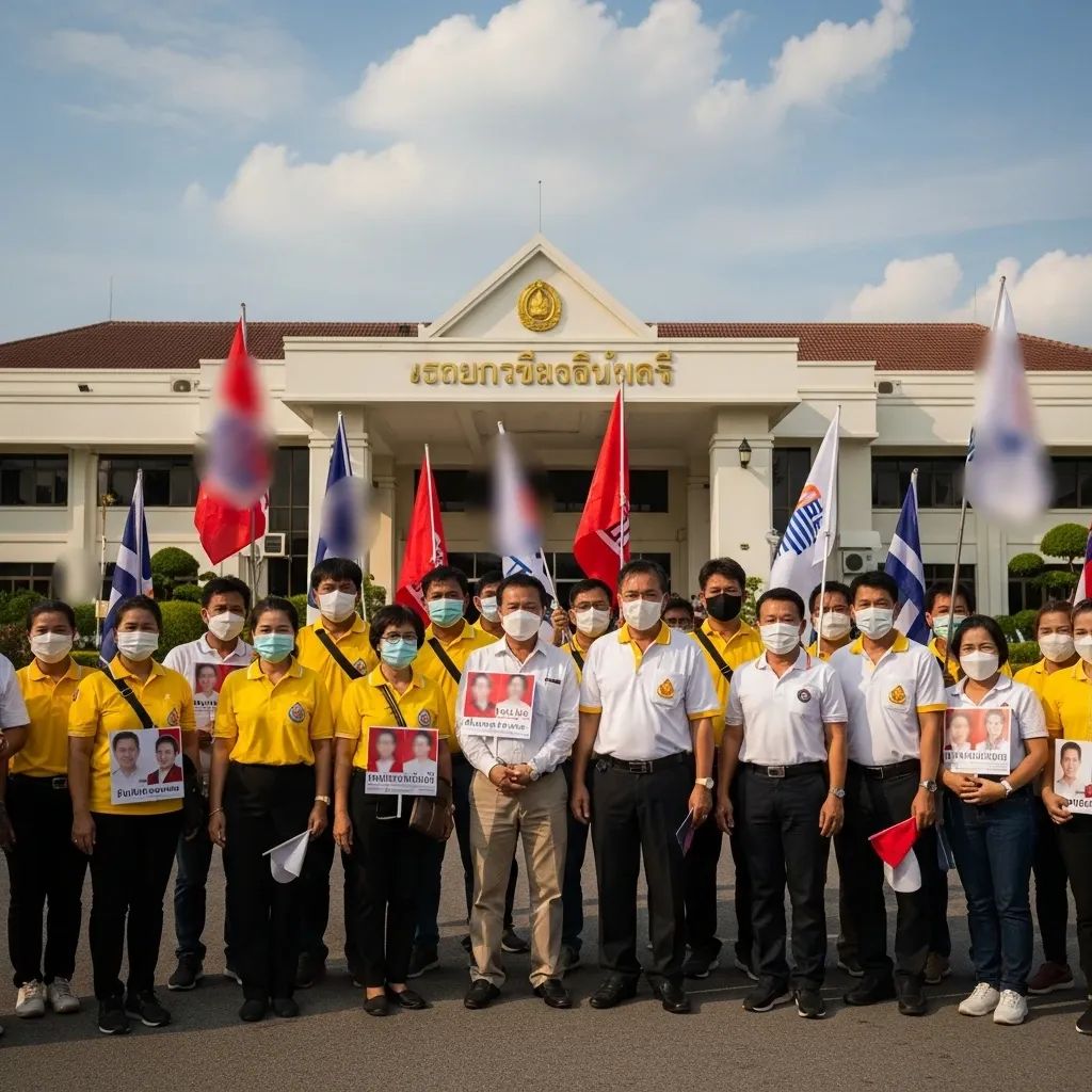 Thai campaign supporters outside a provincial government office during a Bhumjaithai Party event