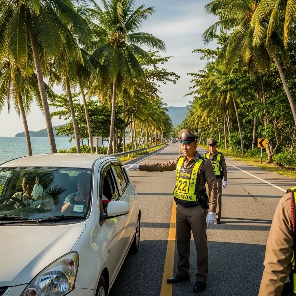 Police checkpoint on a tropical island road with a stopped hatchback and palm trees in the background