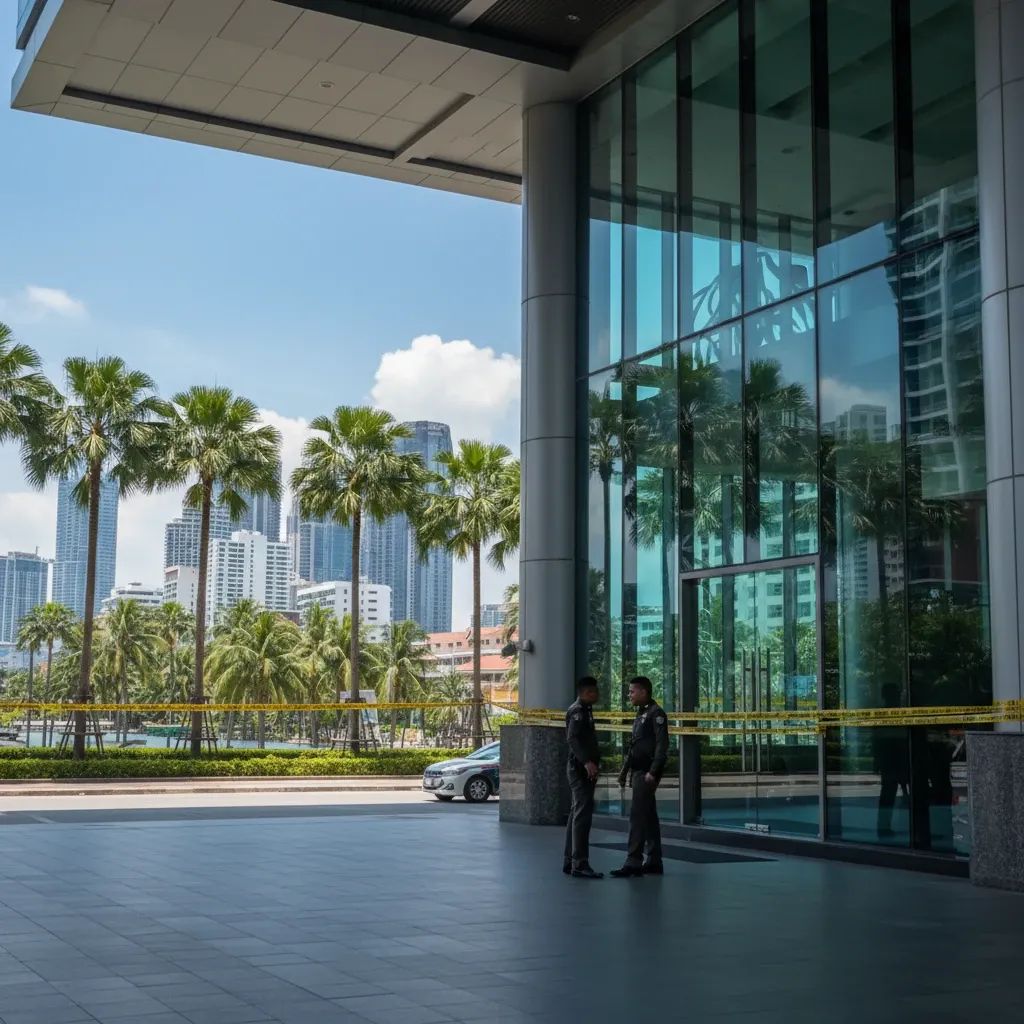 Pattaya condominium building entrance cordoned off with police tape under a blue sky