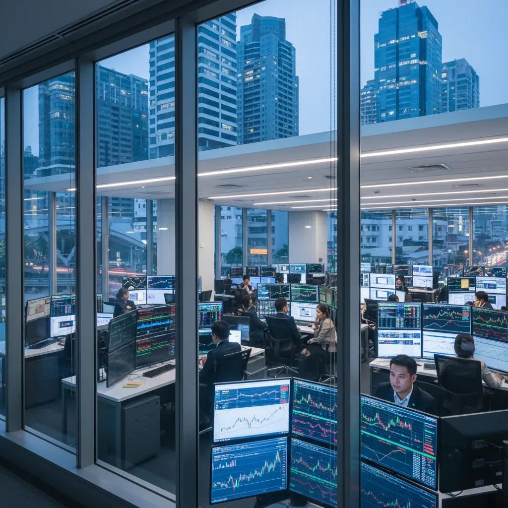 Financial trading floor showing stock market data and charts on multiple screens