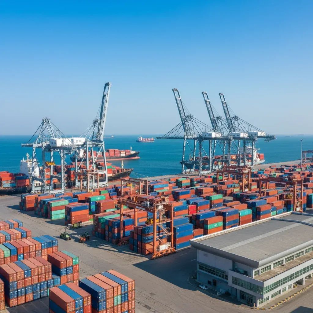 Thai manufacturing and export operations with shipping containers and industrial equipment at a modern facility