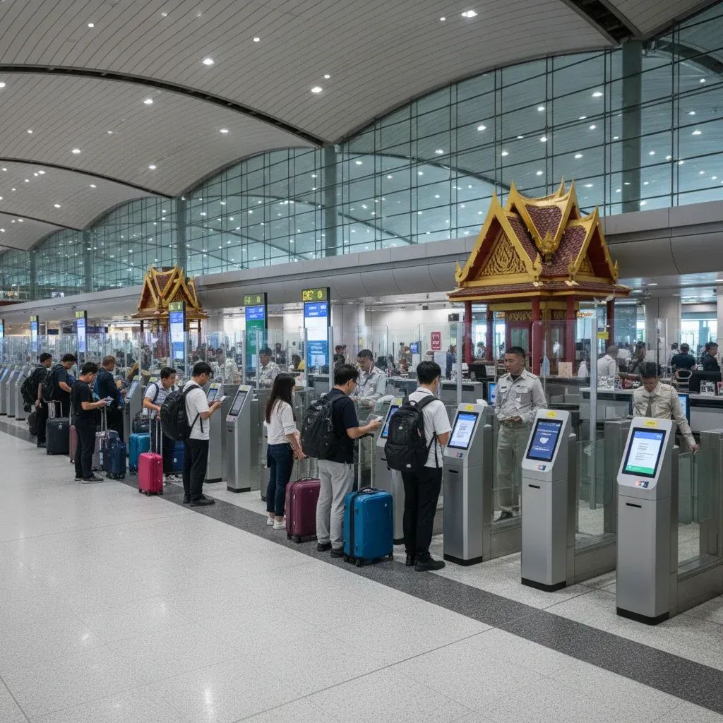 Wide-angle shot of Bangkok airport immigration counters with travelers, reflecting new Thai visa rules