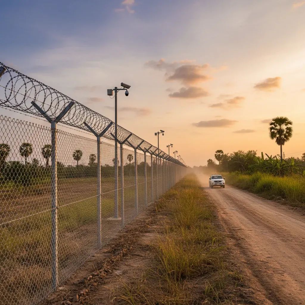 High-tech razor-wire border fence with CCTV stretching across Thai-Cambodian countryside
