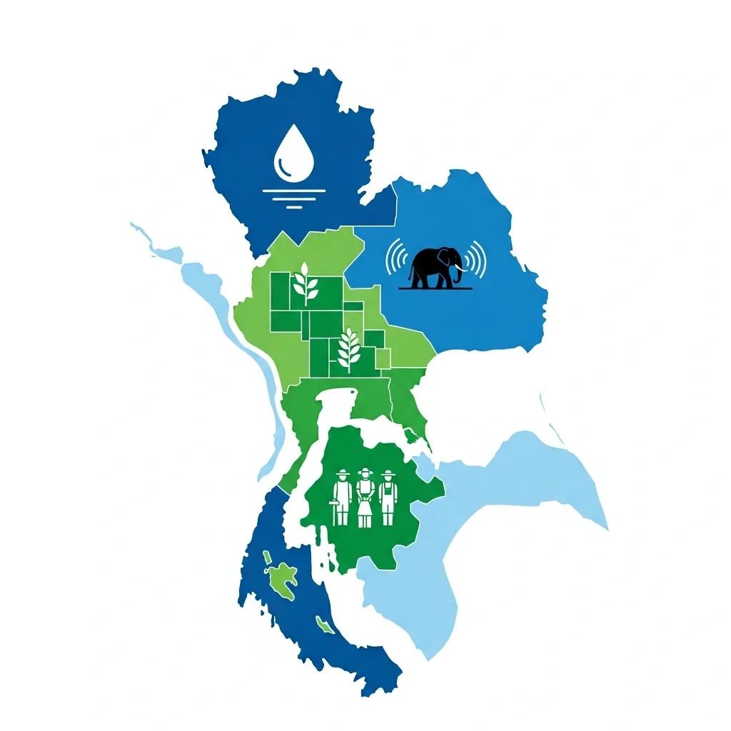 Map of Eastern Thailand with icons for water infrastructure, land rights, elephant tracking, and migrant labour reforms
