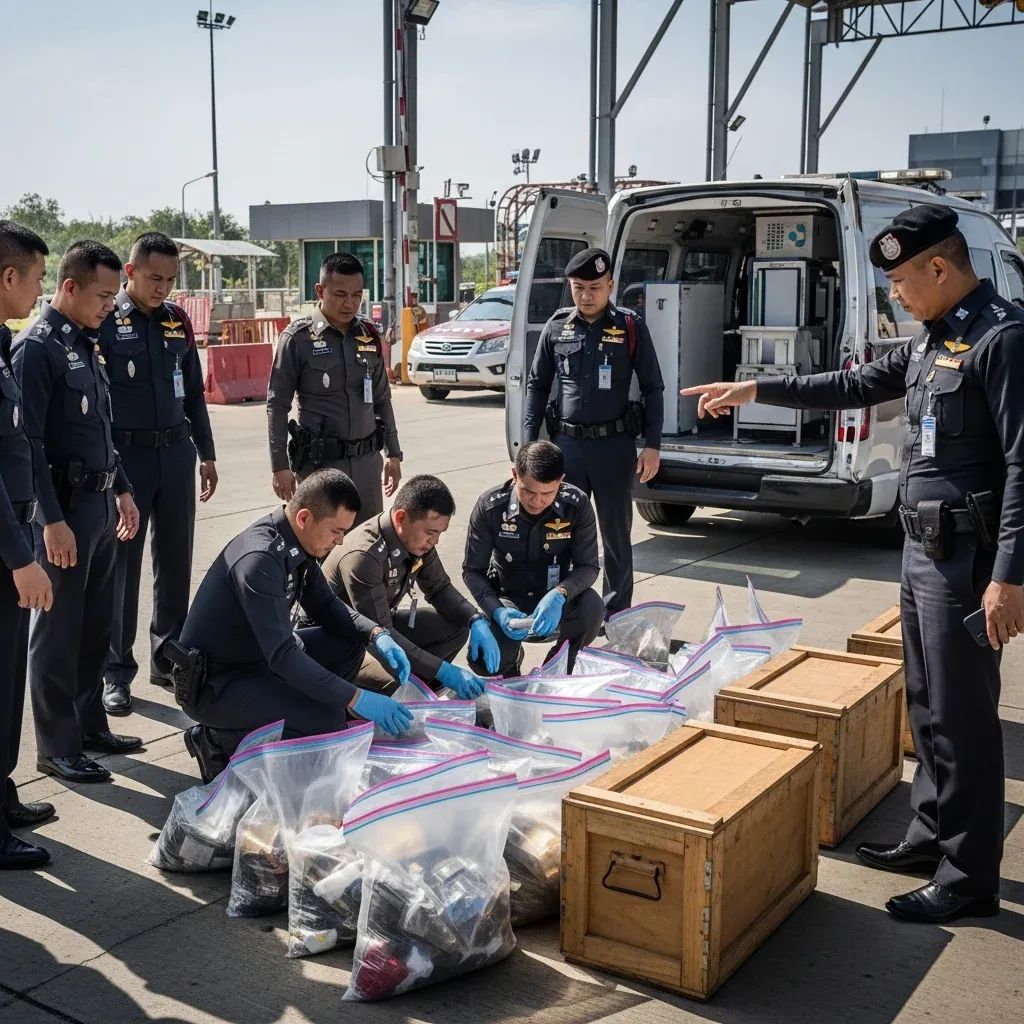 Thai police officers inspecting seized evidence bags of methamphetamine at a border checkpoint