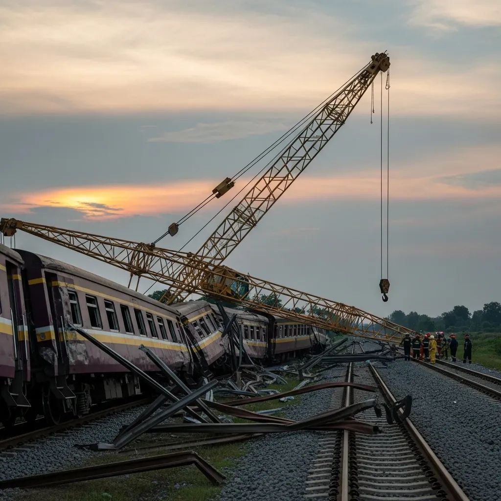 Collapsed crane and derailed train carriages at Sikhio railway accident site