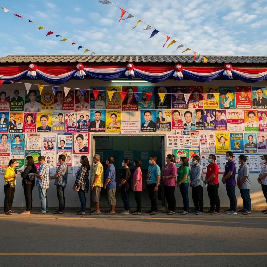 Voters lining up outside a Thai polling station ahead of the snap election