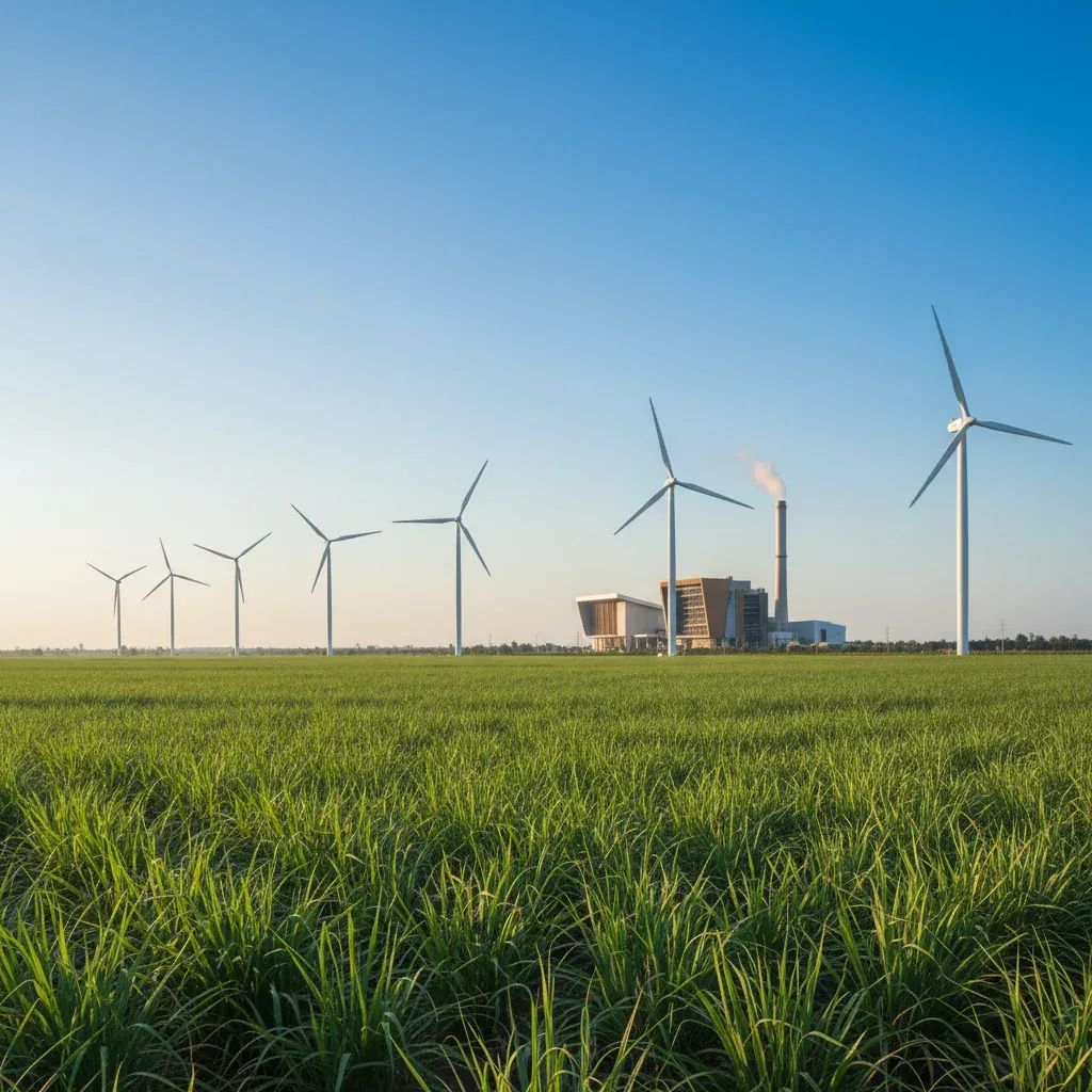 Thai sugarcane field with renewable energy facilities and biomass power plant illustrating sustainable agriculture transition