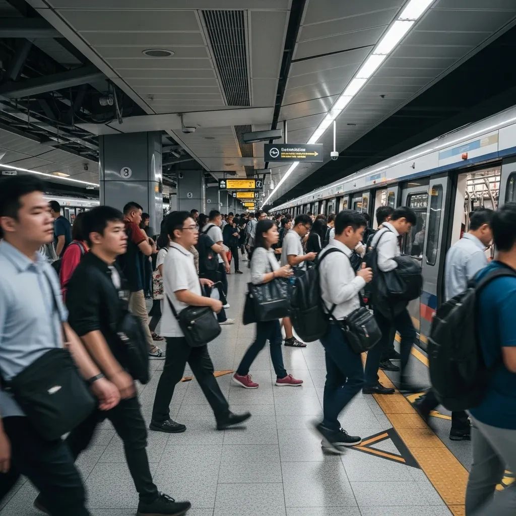 Wide-angle view of commuters on a Bangkok MRT platform carrying cross-body bags