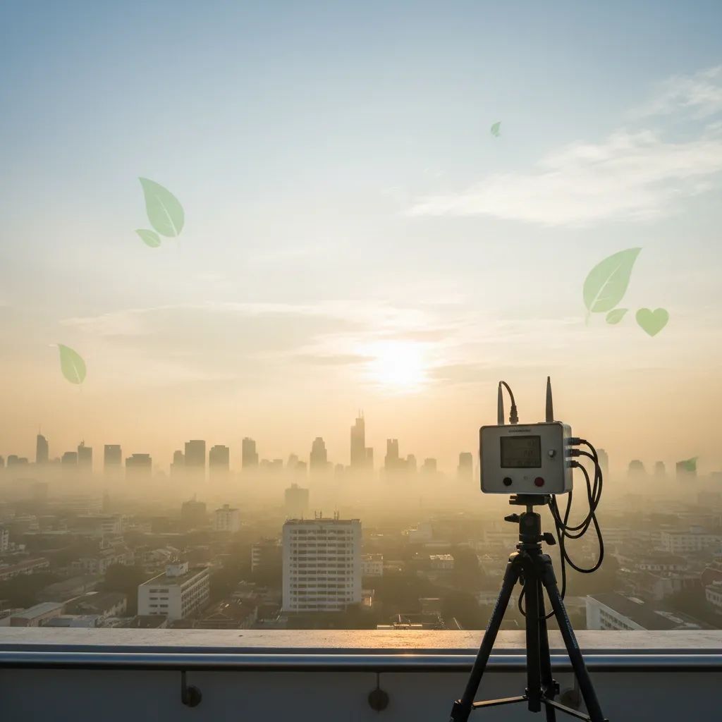 Bangkok skyline at dawn shrouded in air pollution haze with air quality monitoring elements
