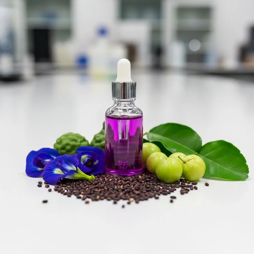 Dropper bottle of purple Riceberry serum with rice grains and Thai herbs on a lab bench
