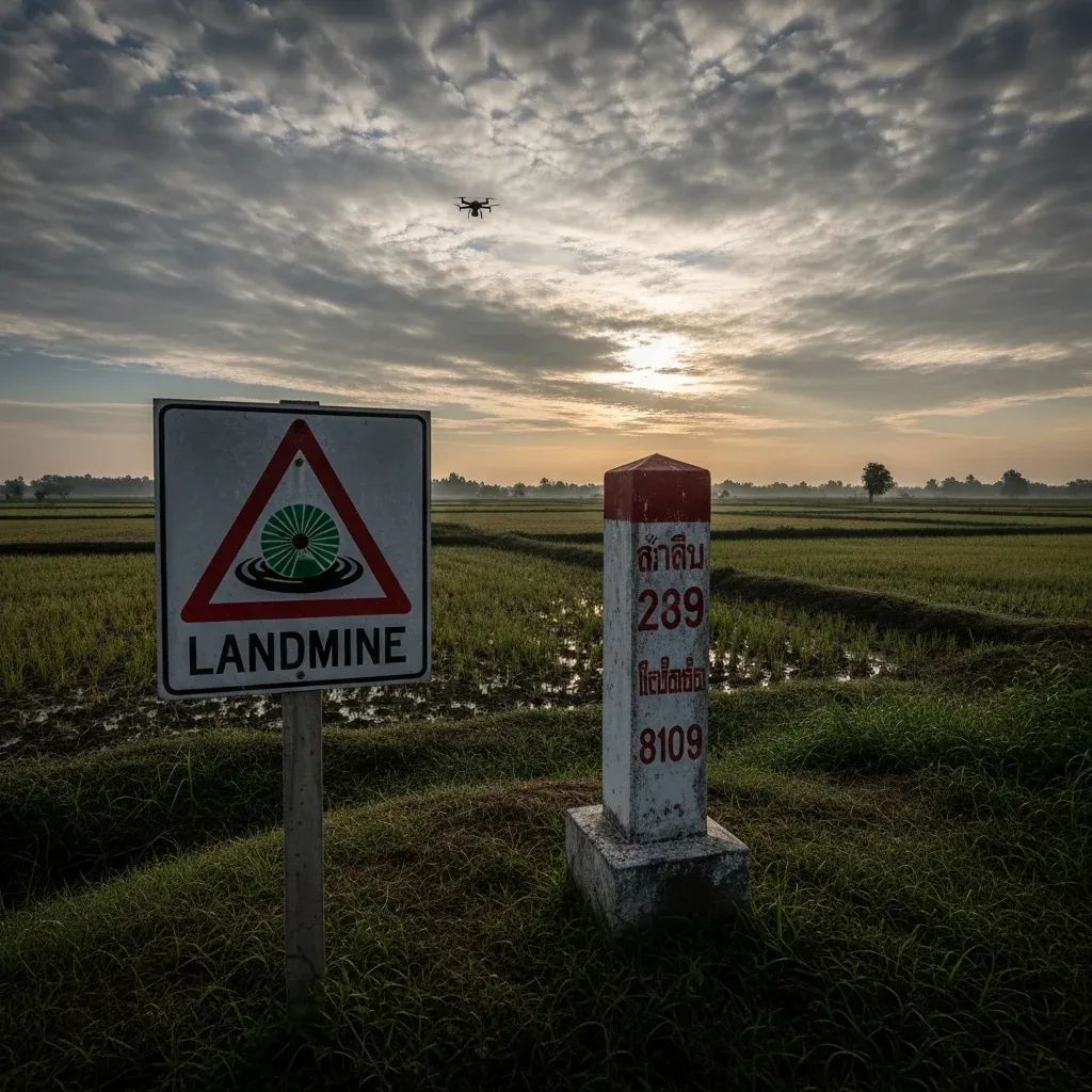 Rural Thailand-Cambodia border farmland with landmine warning sign and drone overhead