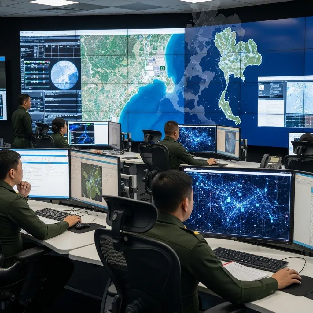 Military command center with personnel monitoring satellite imagery and cyber network displays