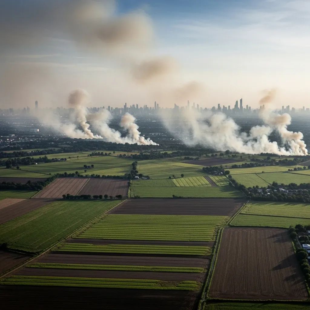 Aerial view of agricultural fires and smoke haze drifting over Bangkok skyline