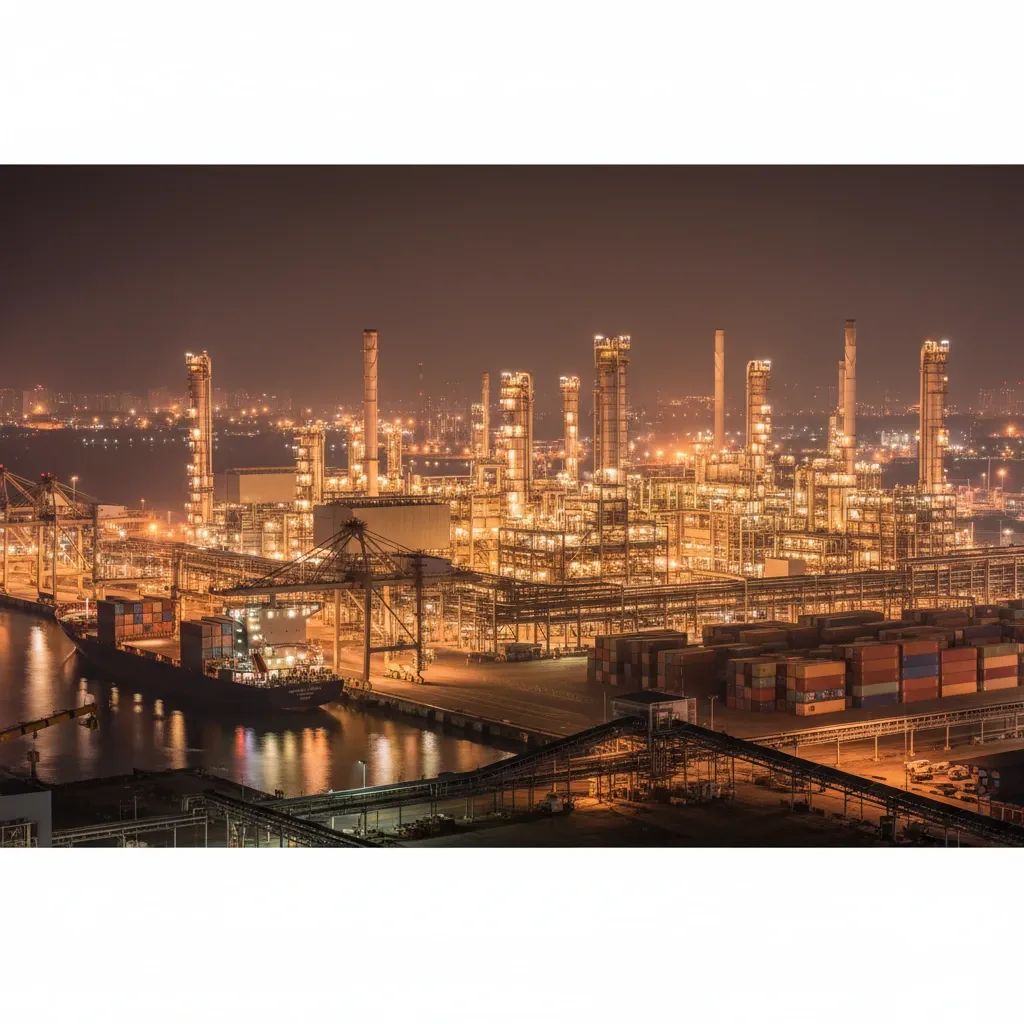 Industrial oil refinery facility in Southeast Asia with nighttime lighting and port infrastructure visible
