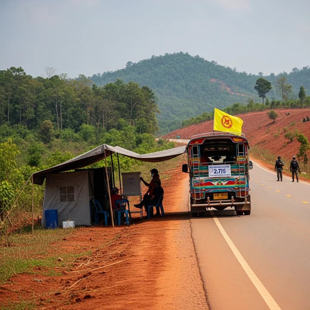 Makeshift polling tent and song thaew truck near Thailand-Cambodia border hills
