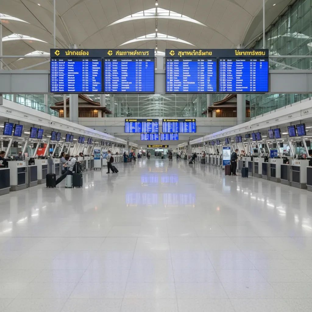 Sparse travelers in Bangkok Suvarnabhumi Airport departure hall highlighting Thailand’s tourism slowdown