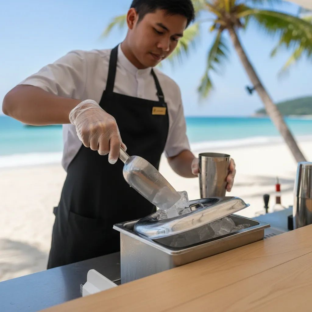 Staff at Koh Samui beach bar using a sanitary scoop to serve ice from a covered bin against a tropical backdrop