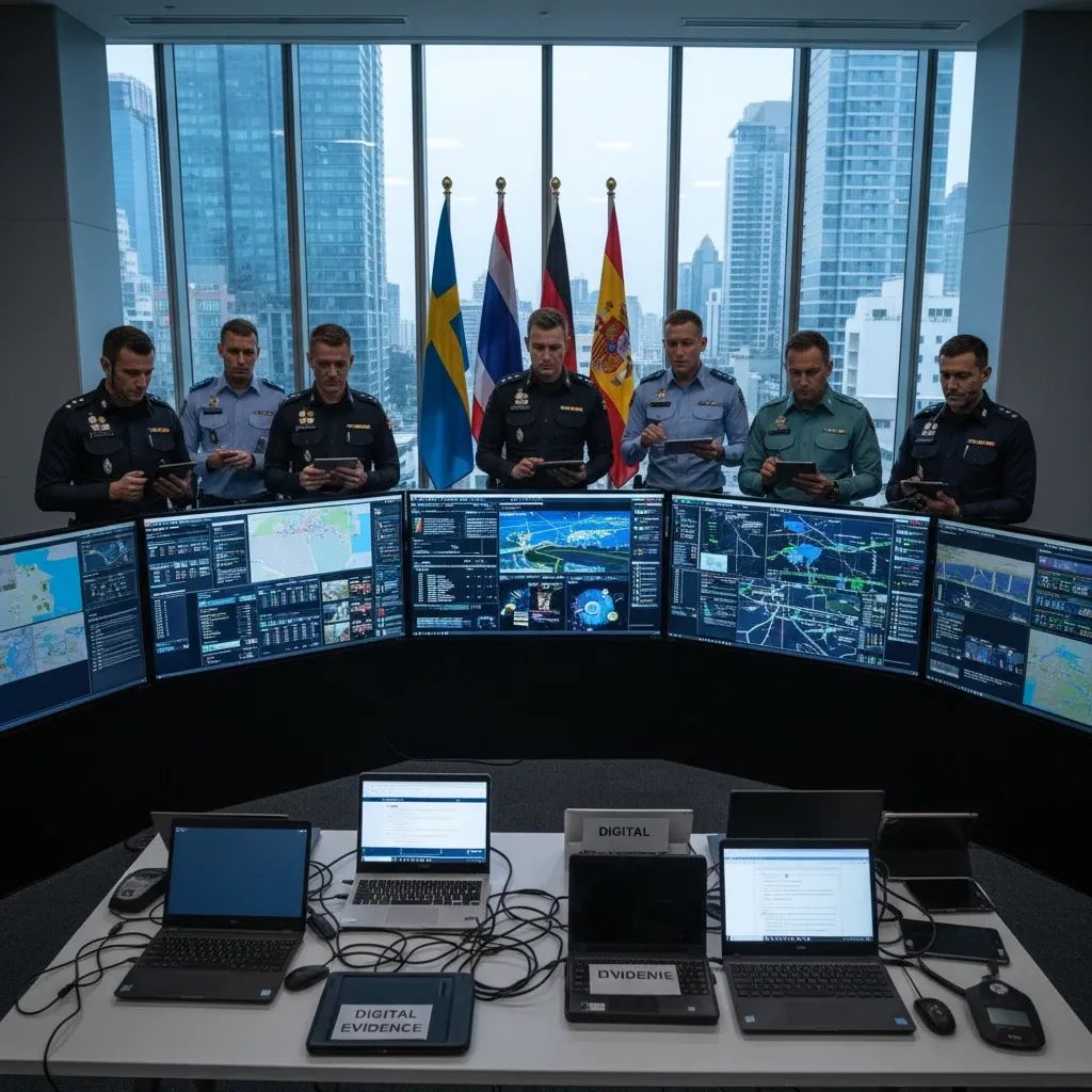 International law enforcement operation with officers and seized digital equipment from darknet drug trafficking investigation