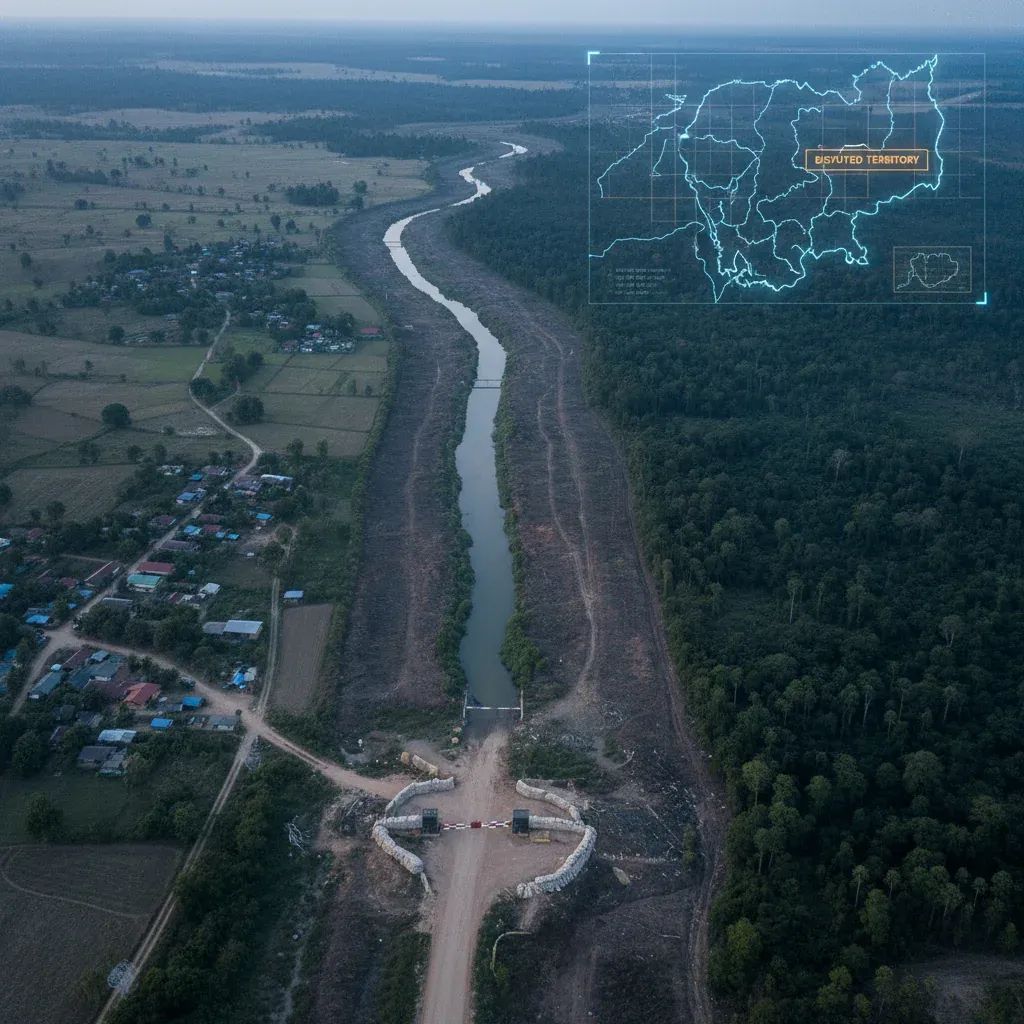 Aerial view of Thai-Cambodian border showing military checkpoint and contested frontier zone