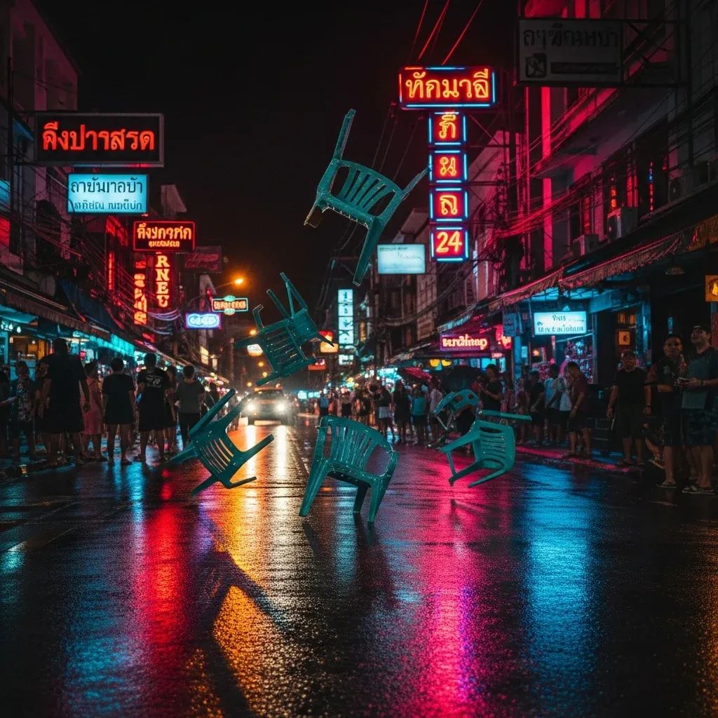 Chaotic nighttime scene on Patong street in Phuket with plastic chairs thrown mid-air and onlookers