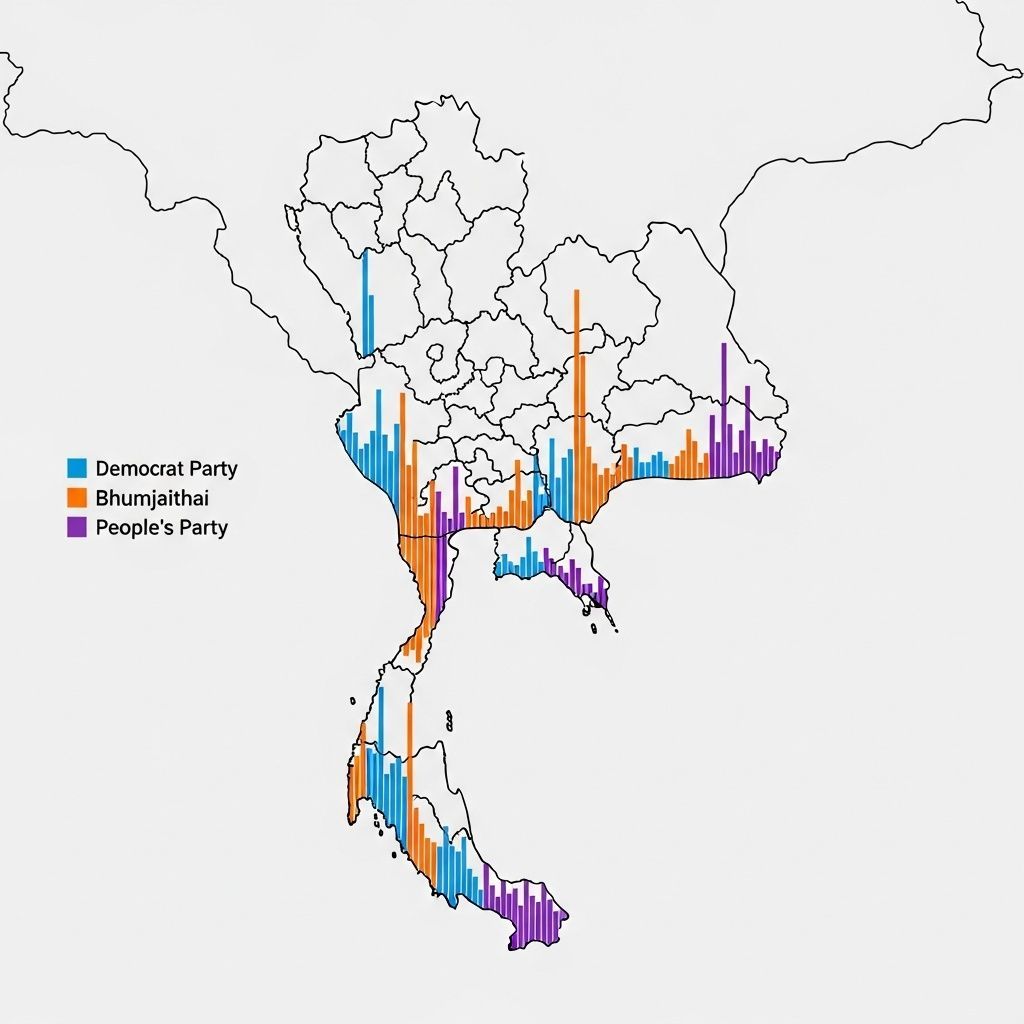 Map of southern Thailand with colored bar charts showing political party support percentages