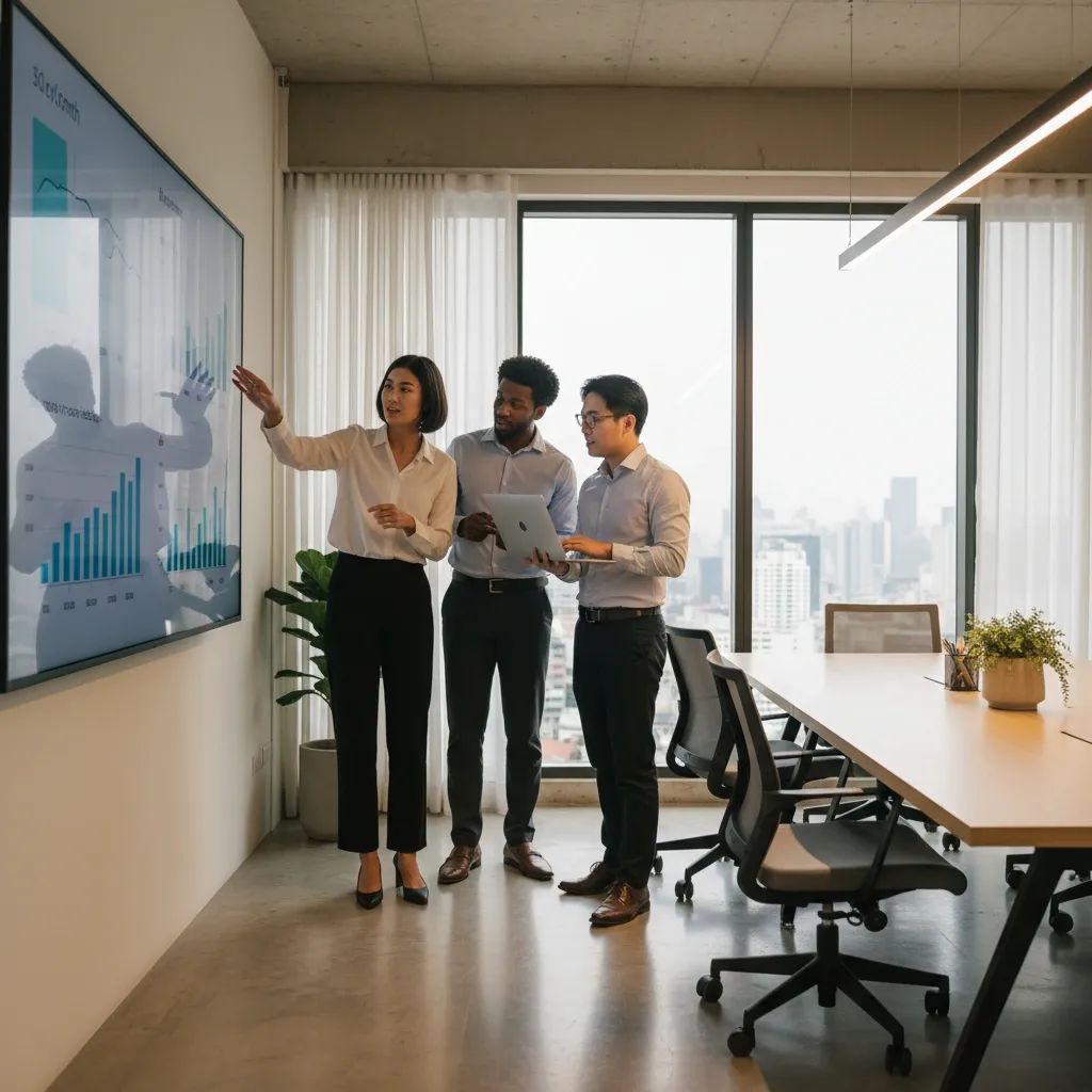 Thai entrepreneurs collaborating on startup strategy in modern Bangkok office with financial data visible