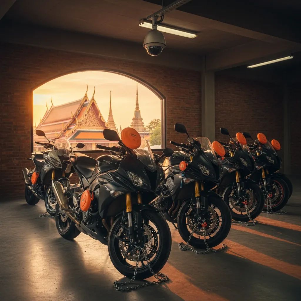 Motorbikes parked in indoor garage with extra locks and GPS trackers under CCTV surveillance