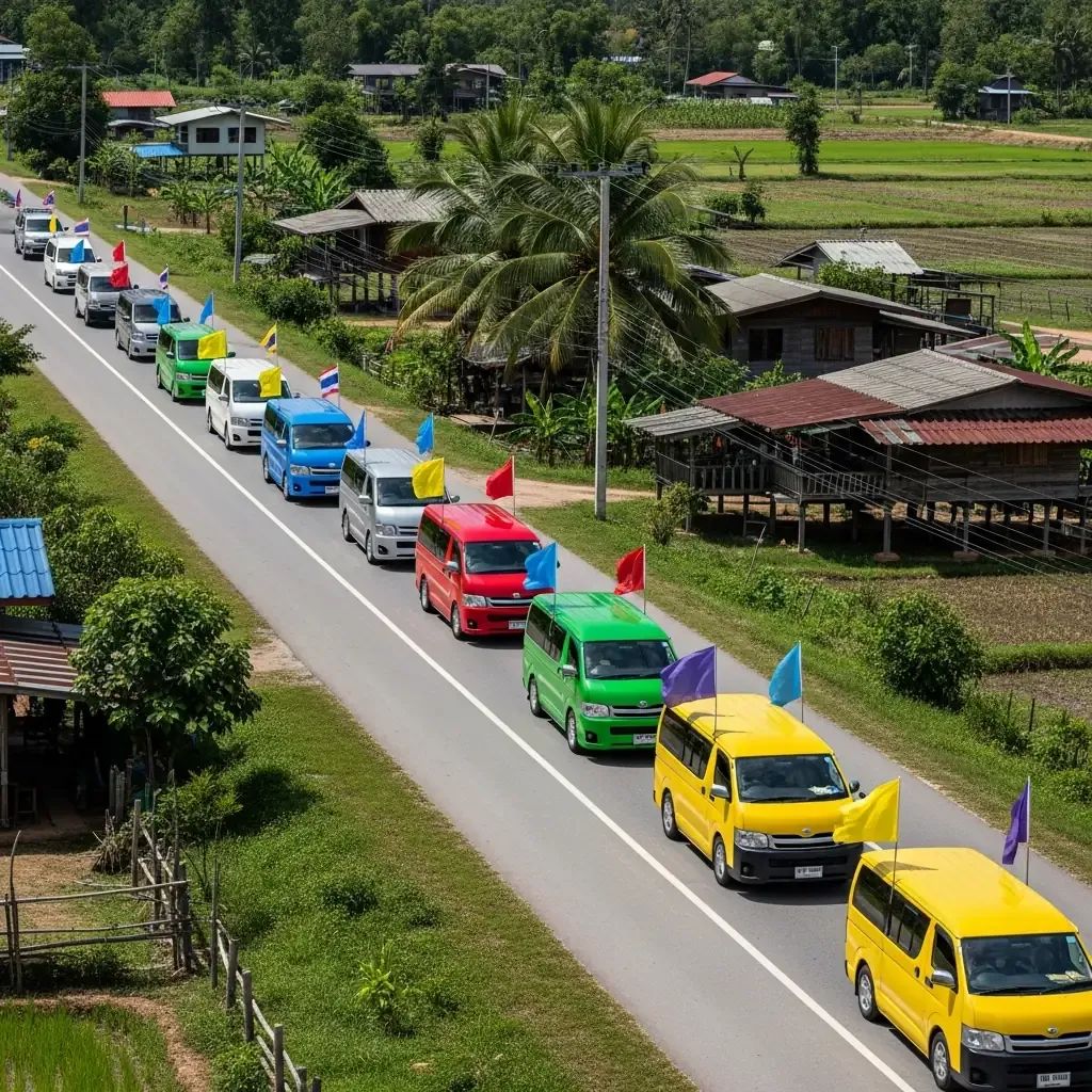 Colorful campaign vans driving through rural Thailand with flags waving