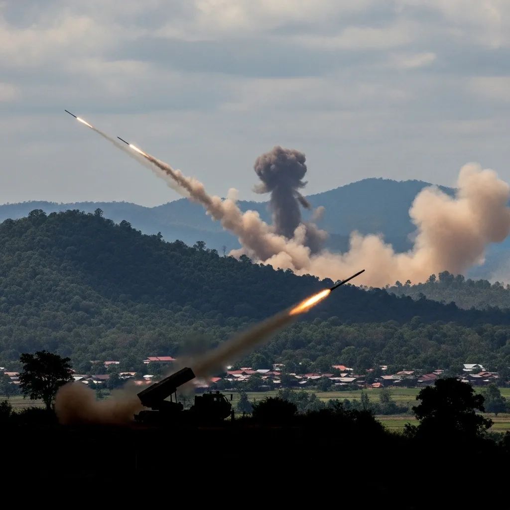 Smoke and dust rising over a rural Thailand–Cambodia border village after artillery fire