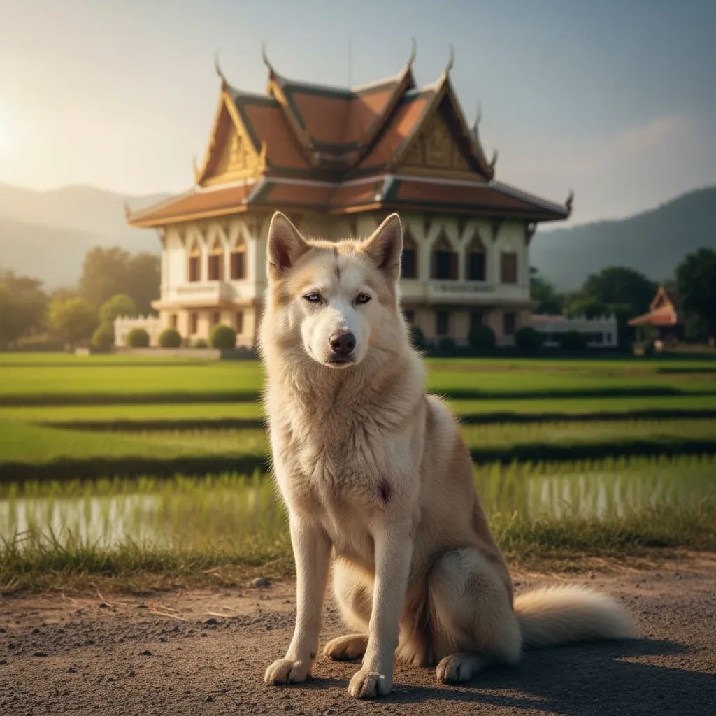 Distressed husky with provincial Thai courthouse backdrop, symbolizing animal cruelty case and legal justice