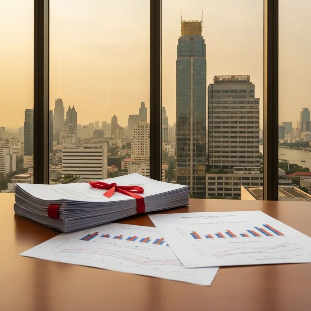 Thai government finance ministry with economic documents and charts, representing VAT and fiscal policy decisions