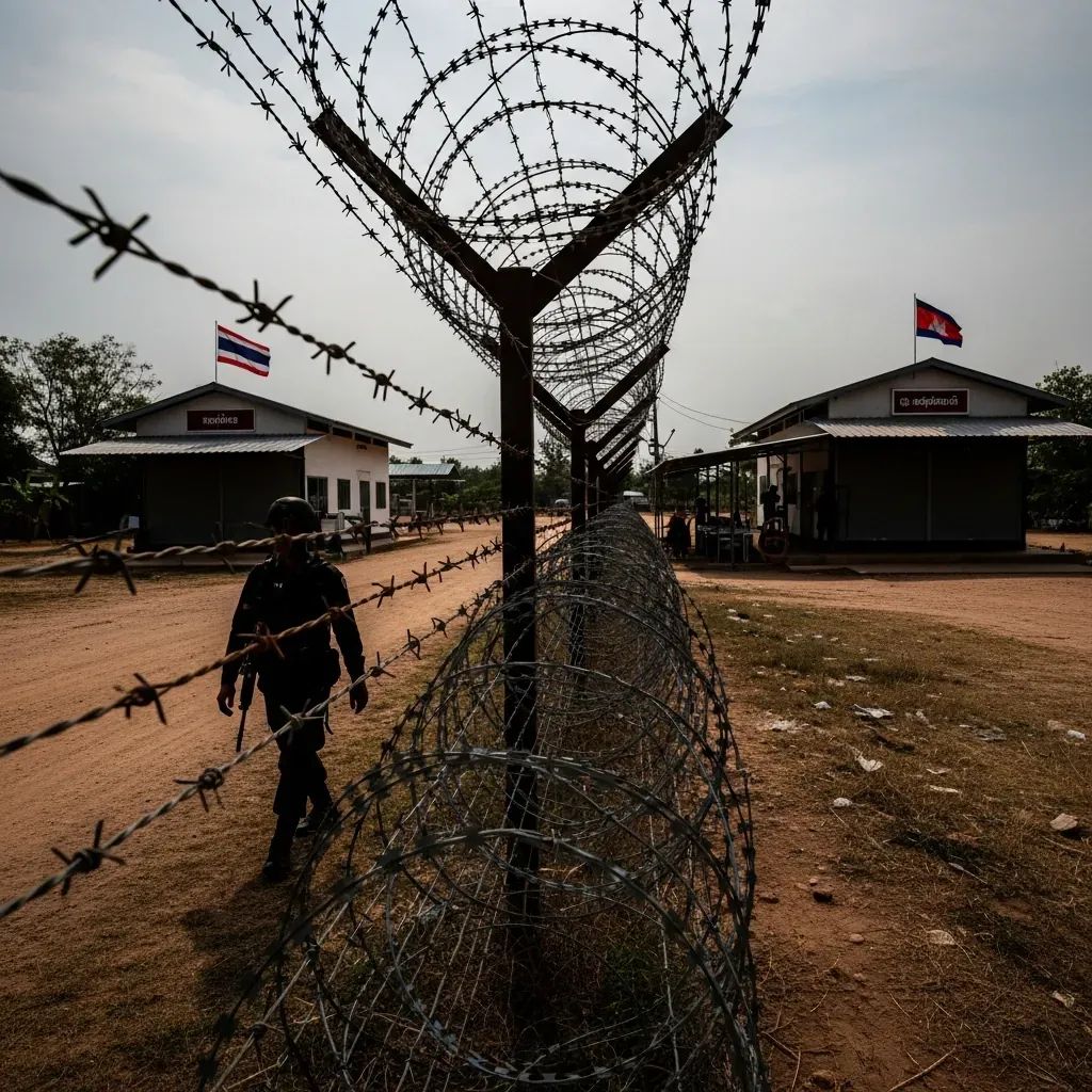 Border fence and Thai soldier patrolling near shuttered Cambodia trade checkpoint